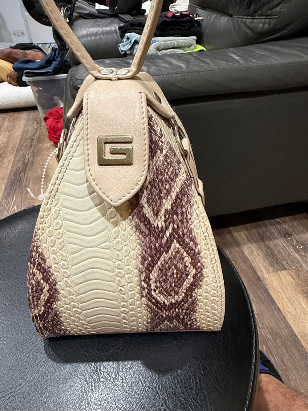 G by Guess Cream and Brown Faux-Snake Satchel